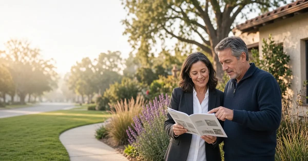 Real estate agent and a homeowner standing on the front walkway of a Northern California suburban home, reading a printed property brochure together in late afternoon light