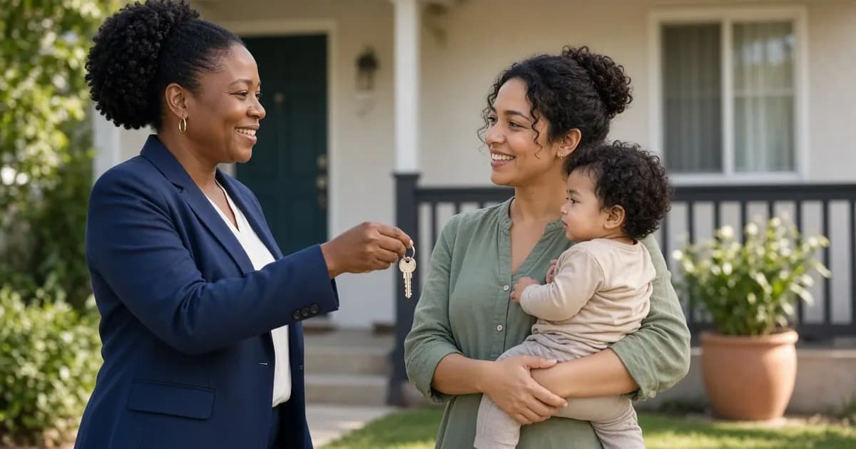 Property manager handing keys to a tenant outside a Section 8 rental home in Pittsburg, California